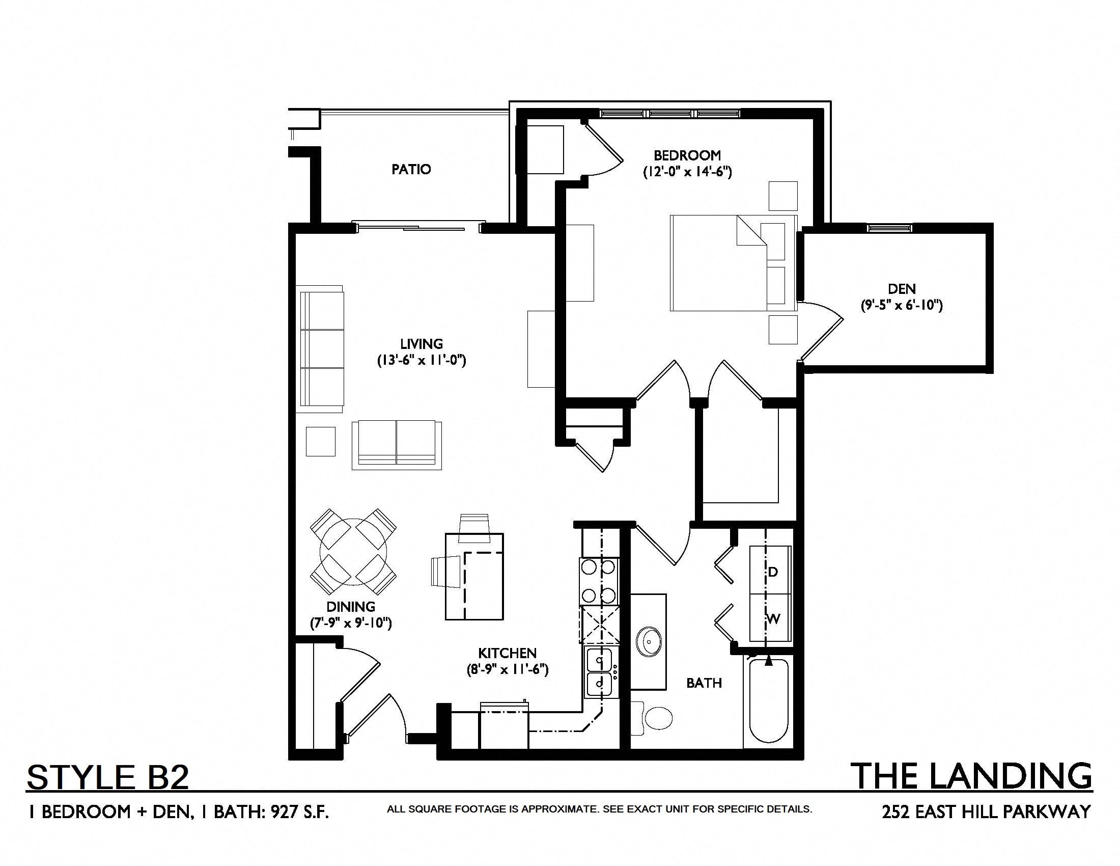 Floor plan for 1 bed, 1 bath, 927 sqft
